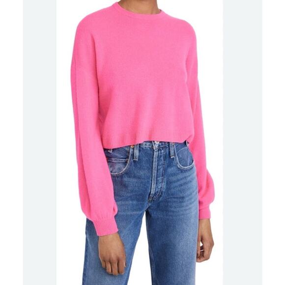 Alice+Olivia Bright Pink Cashmere Cropped Pullover Sweater S Balloon Sleeve $350 - Picture 2 of 6